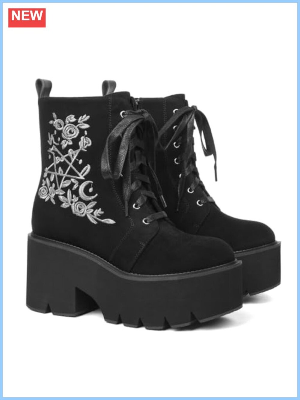 Platform Goth Ankle Boots PU Rose Embroidery Rave Combat Booties - Picture 3 of 6